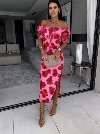 Φόρεμα midi floral με κορδόνι στο στήθος