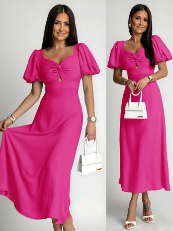 Φόρεμα midi κοντομάνικο με άνοιγμα και ιδιαίτερο σχέδιο στο στήθος