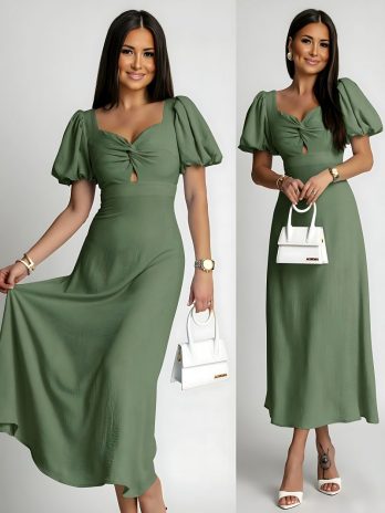 Φόρεμα midi κοντομάνικο με άνοιγμα και ιδιαίτερο σχέδιο στο στήθος